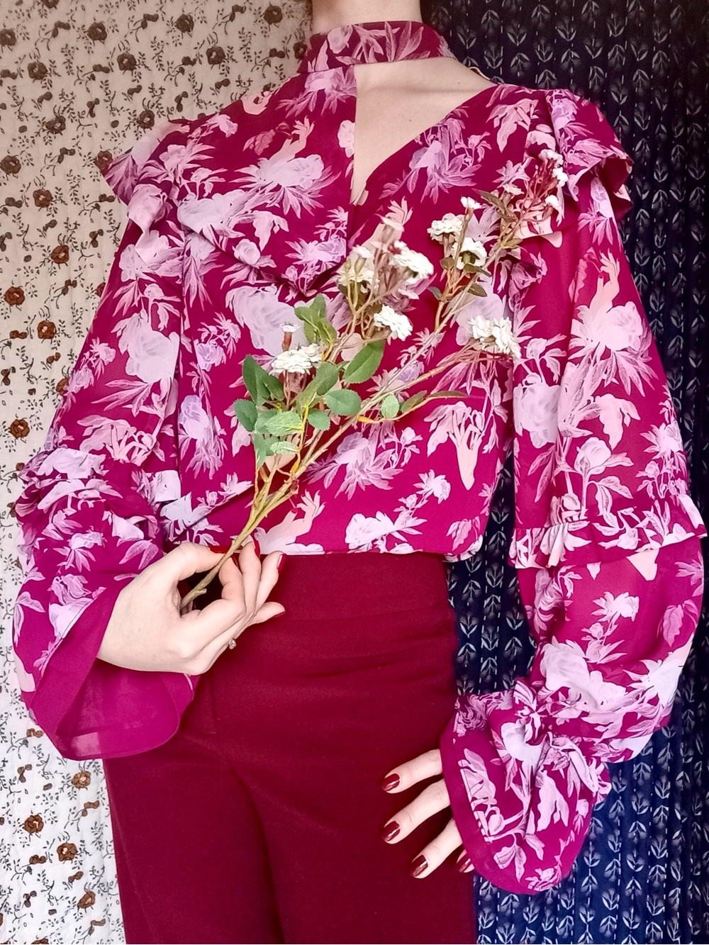 Three Floor β Florry Georgette Asymmetrical Ruffle Choker Blouse Floral 2 - Picture 5 of 17
